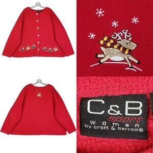 C&B Sport by Croft and Barrow Reindeer Sweater Fleece Cardigan Red Plus Size 3X